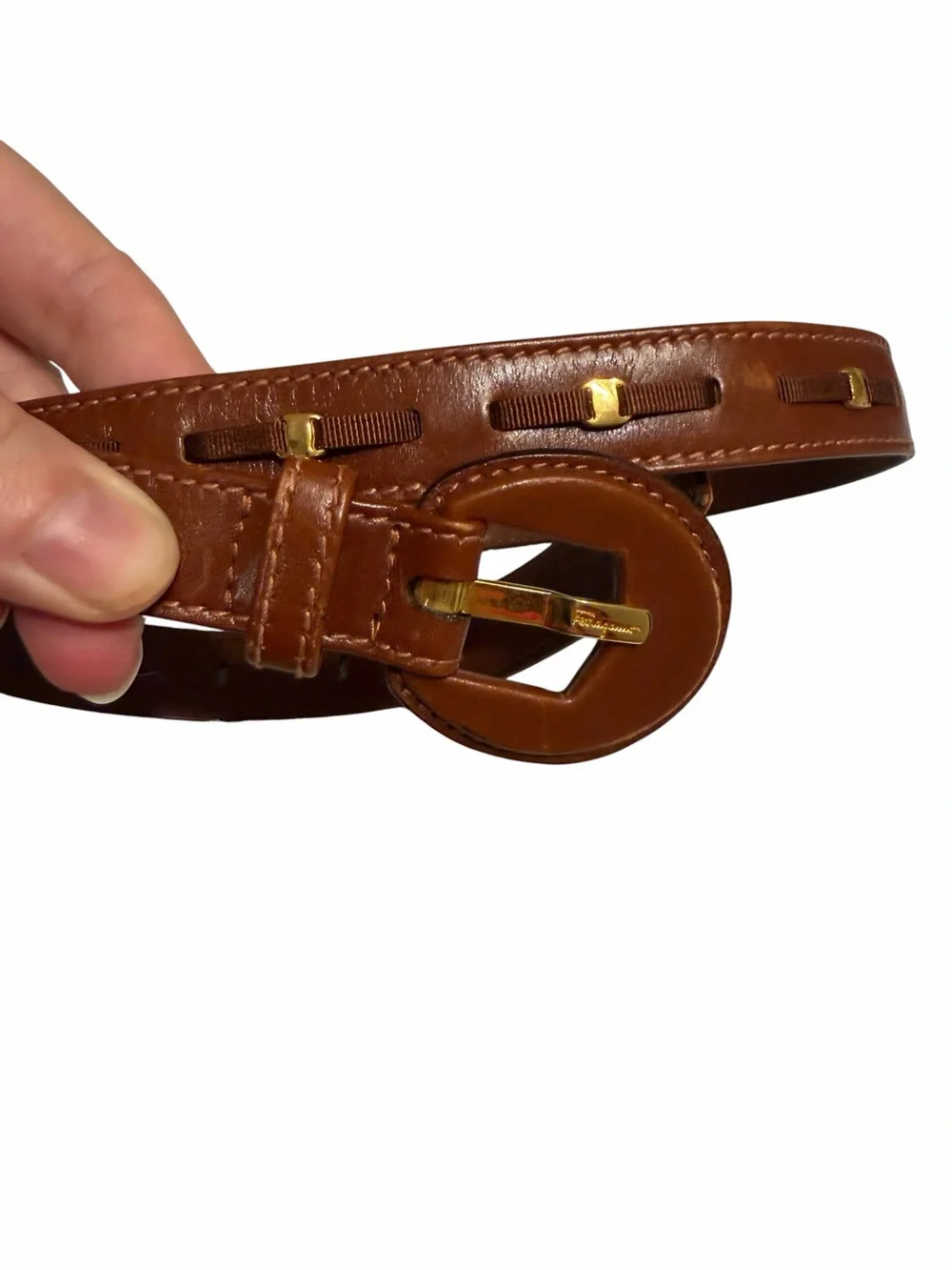 Salvatore Ferragamo Vara Brown Skinny Leather Belt with Gold Hardware 70cm